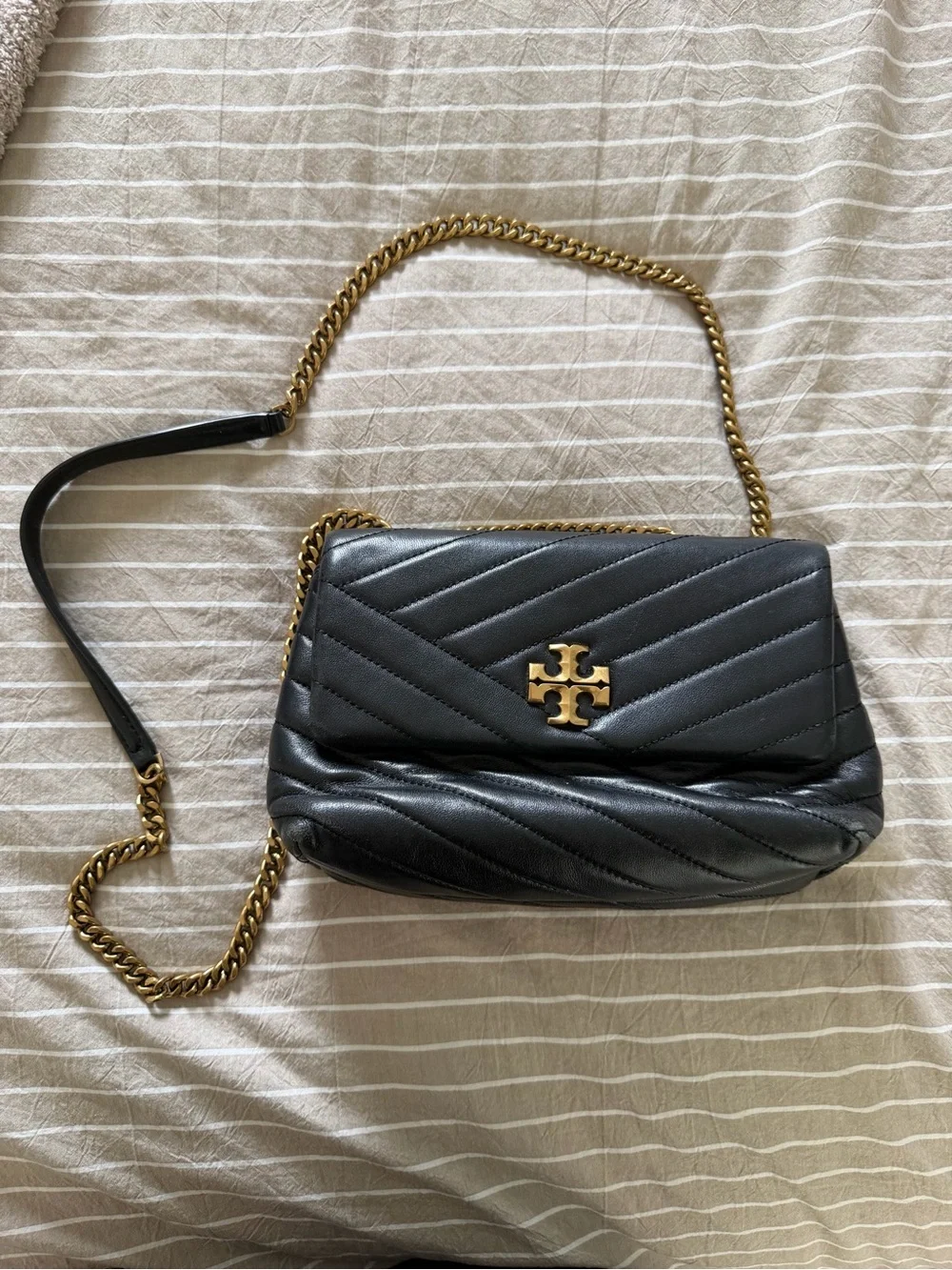 Tory Burch Black Quilted Leather Chain Shoulder Bag with Gold Hardware
